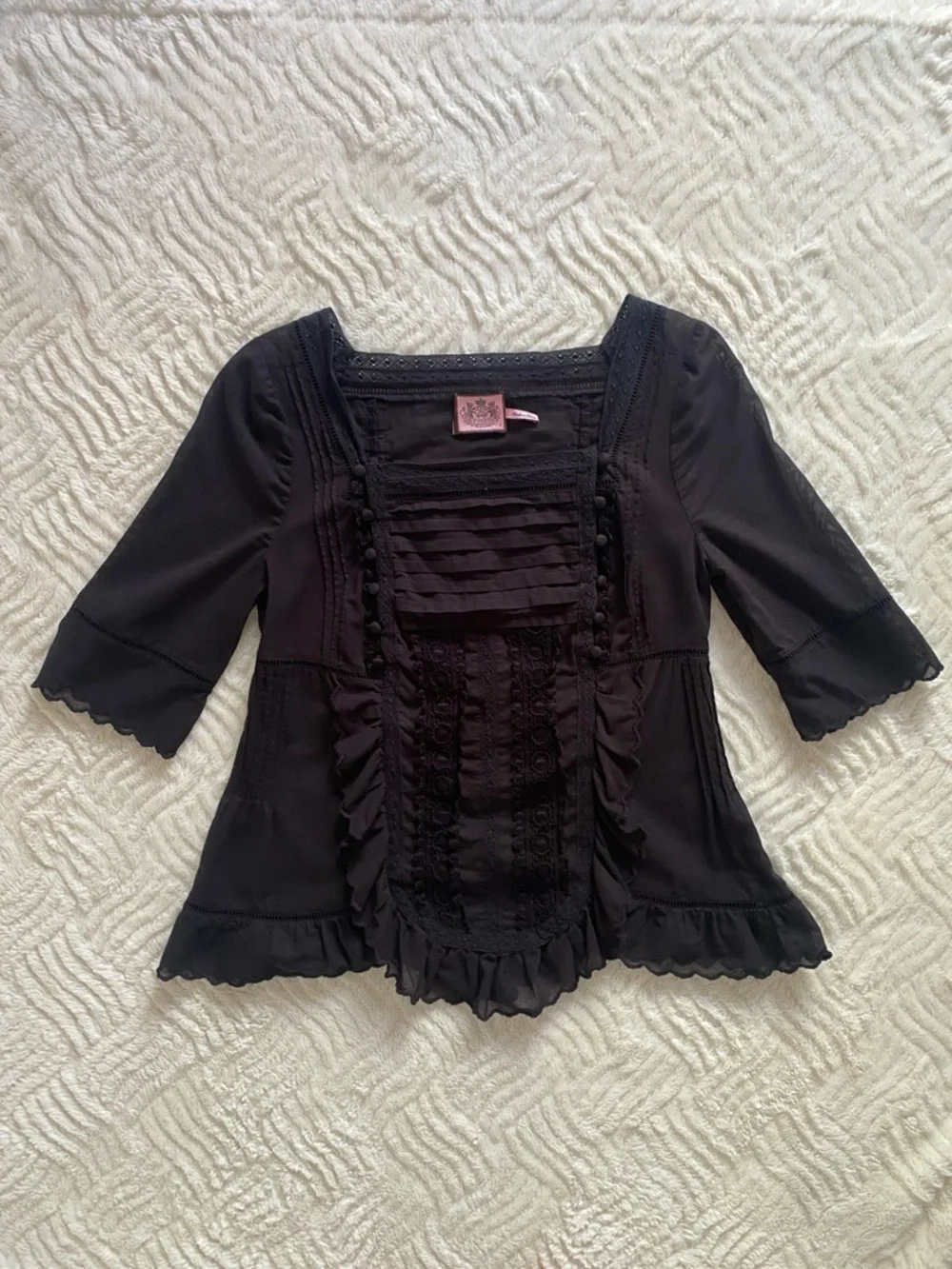 Juicy Couture Black Ruffled Lace-Trim Square Neck Blouse - Picture 1 of 6